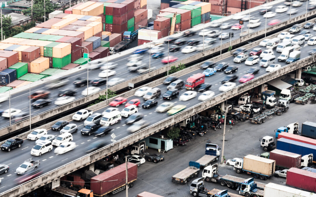 heavy traffic on a highway near a port