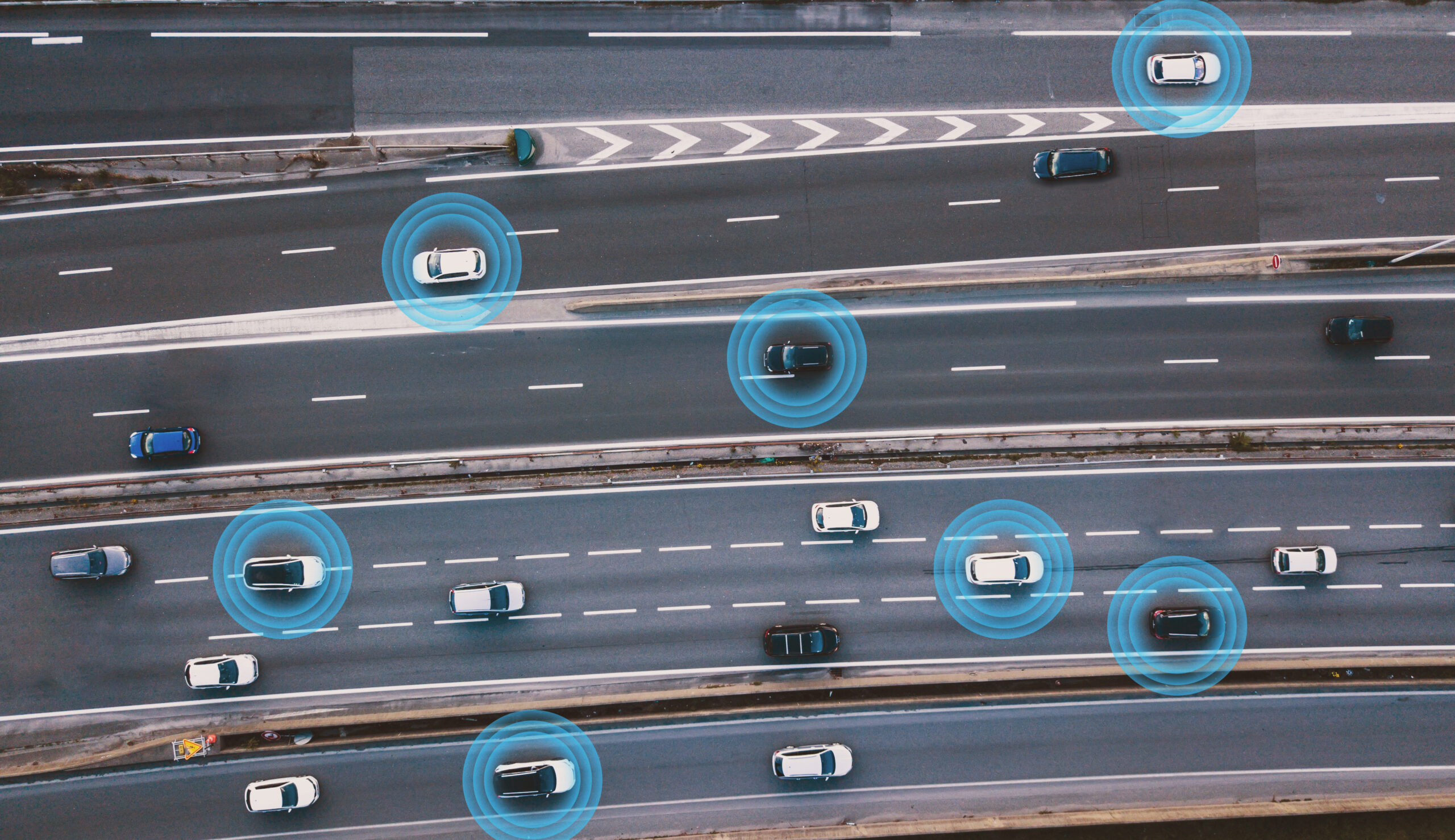 smart cars driving on the road, driverless vehicles, aerial top